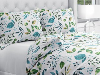 Bavlnené posteľné obliečky Sandra SA-434 Modro-zelené listy na bielom - Biante.sk