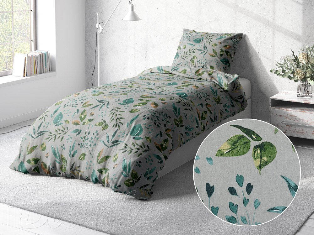 Bavlnené posteľné obliečky Sandra SA-430 Modro-zelené listy na sivom - detail 2 - Biante.sk