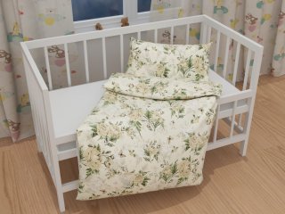 Detské bavlnené posteľné obliečky do postieľky Sandra SA-473 Pivonky s motýlikmi na vanilkovom - detail 1 - Biante.sk