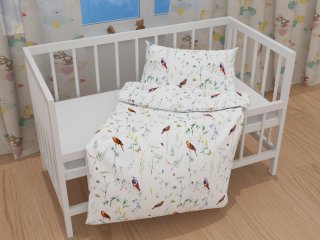 Detské bavlnené posteľné obliečky do postieľky Sandra SA-392 Lúčne kvietky s vtáčikmi - detail 1 - Biante.sk
