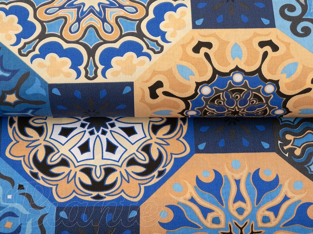 Bavlněná látka/plátno Sandra SA-448 Modro-oranžové marocké dlaždice - šířka 160 cm - detail 2 - Biante.cz