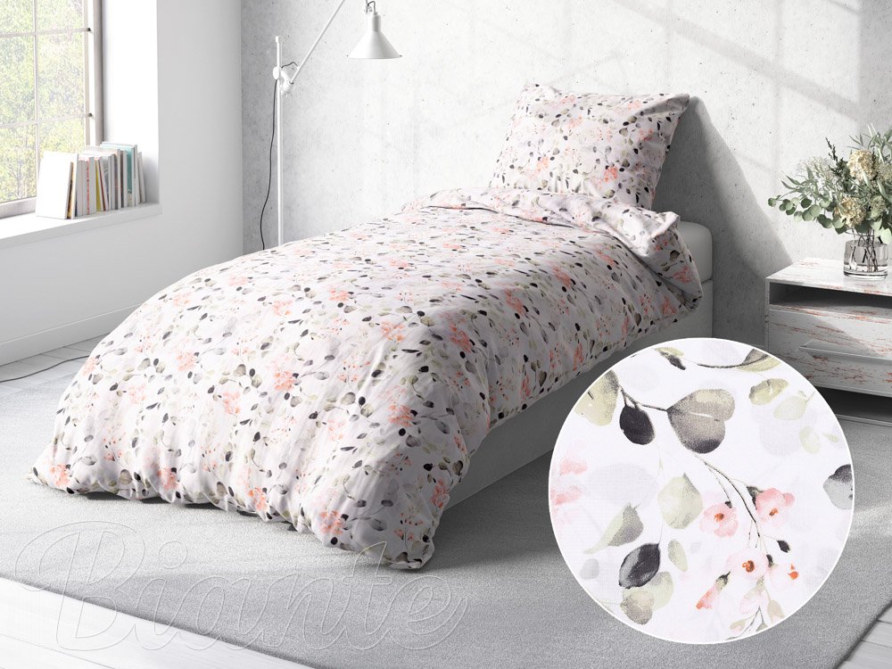 Bavlnené posteľné obliečky Sandra SA-288 Eukalyptus s ružovými kvetmi na bielom - detail 2 - Biante.sk