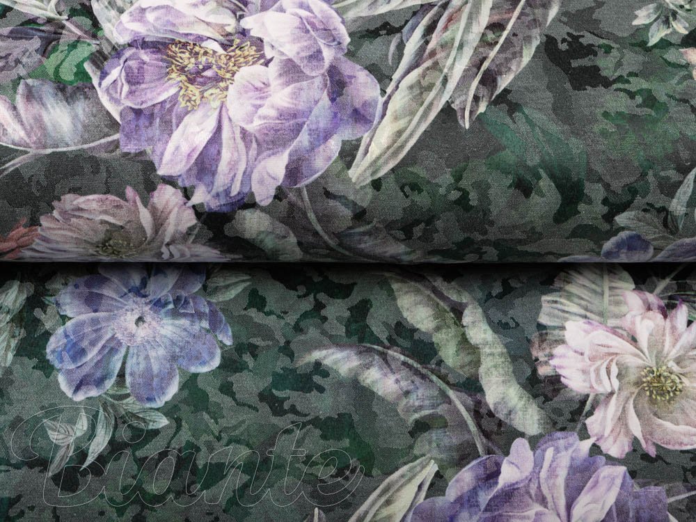 Dekoračná žakárová látka BM-010 Veľké fialové kvety na tmavo zelenom - šírka 150 cm - detail 4 - Biante.sk