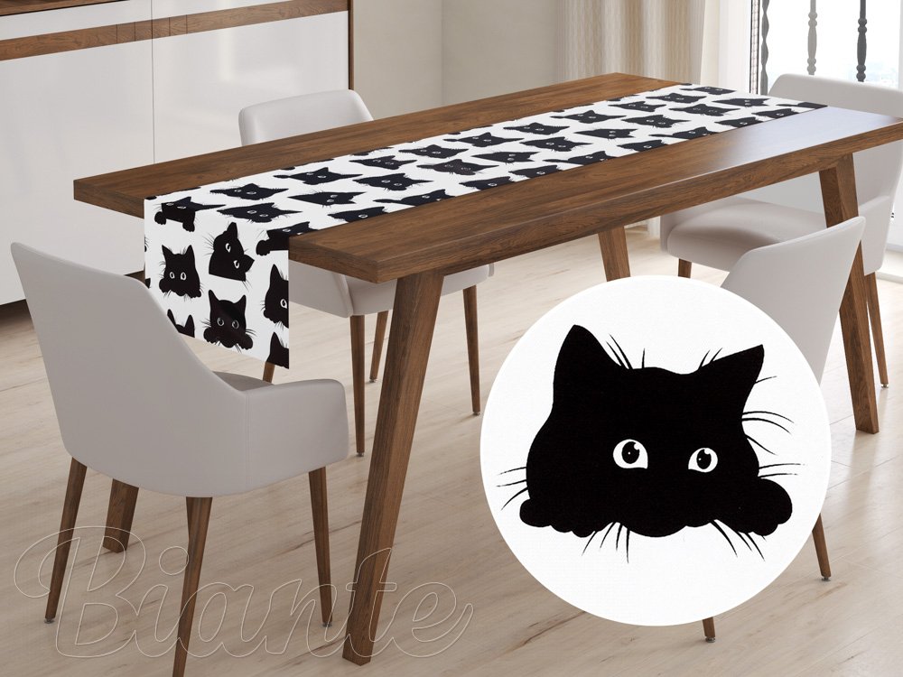 Dekoračný behúň na stôl BK-019 Čierne mačky na bielom - Biante.sk