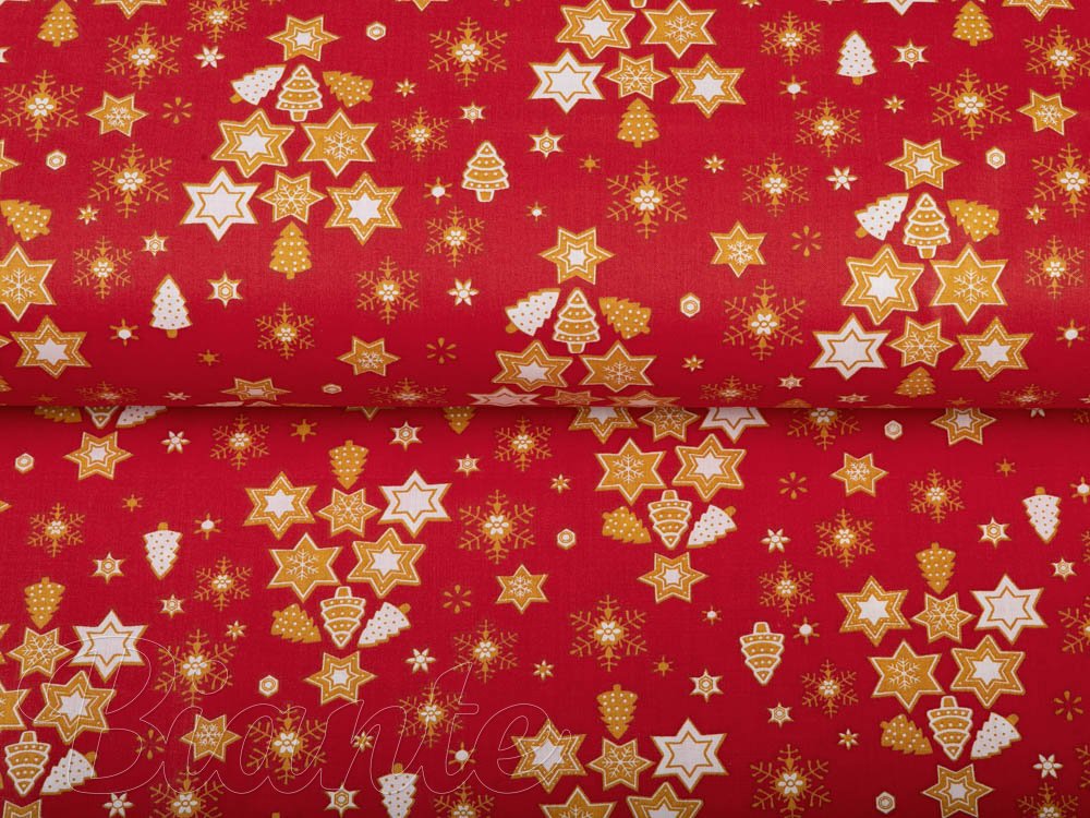 Vánoční bavlněná látka/plátno Sandra SA-408 Hvězdičky a stromky na červeném - šířka 160 cm - detail 2 - Biante.cz