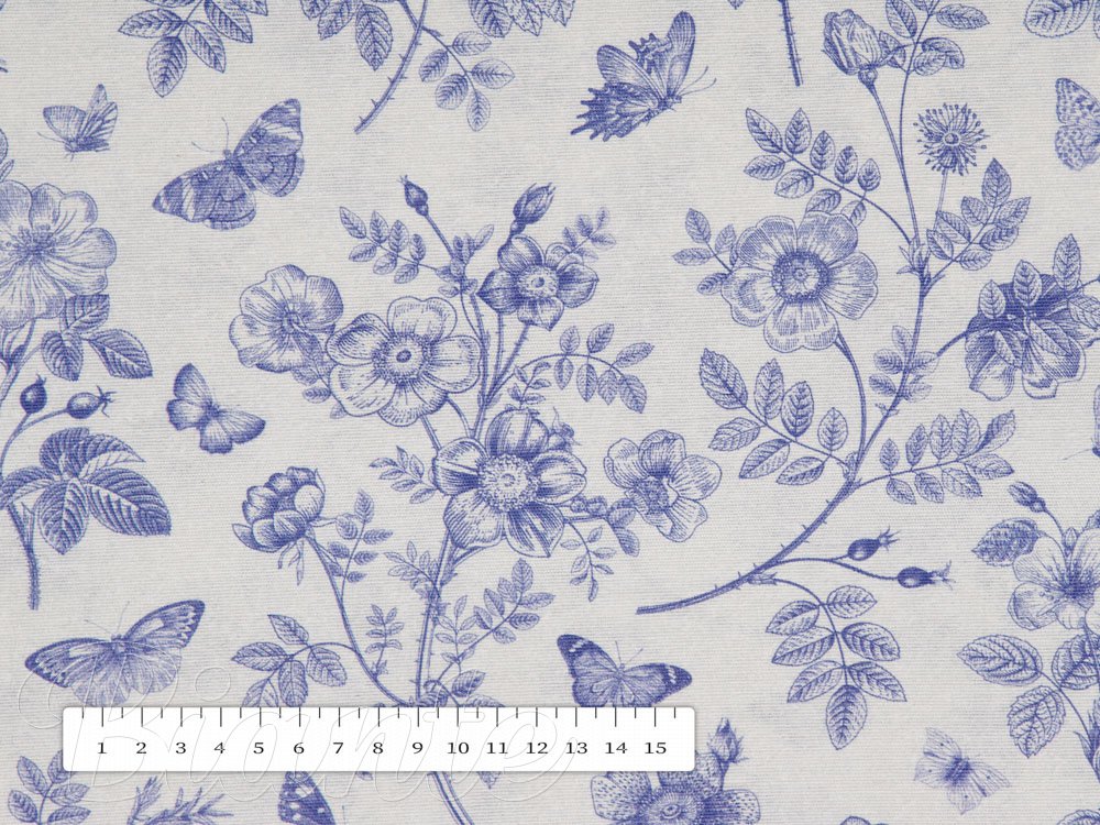 Dekoračná látka Leona LN-081 Modré kvety a motýliky na svetlo sivom - šírka 140 cm - detail 3 - Biante.sk