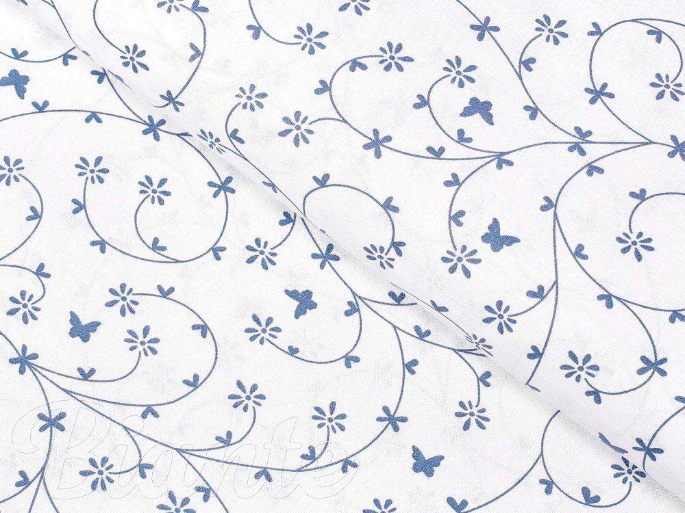 Bavlnená látka/plátno Sandra SA-051 Drobné modré kvietky a motýliky na bielom - šírka 140 cm - detail 1 - Biante.sk