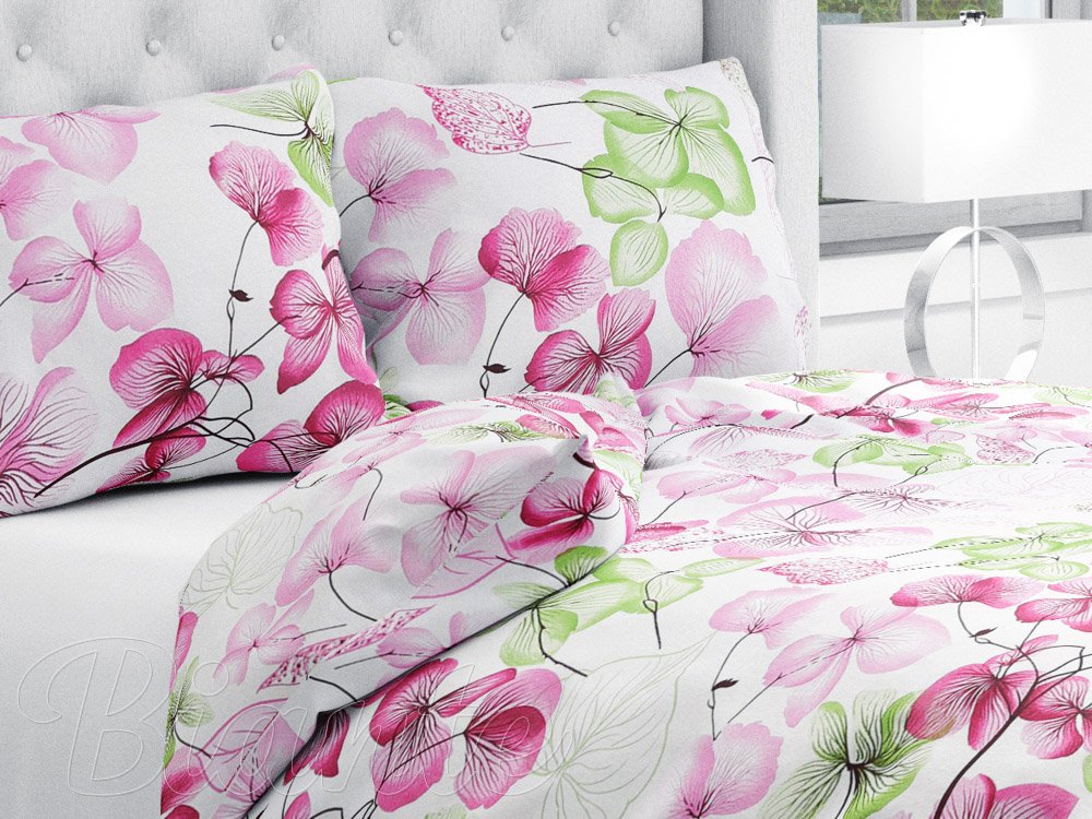 Bavlnené posteľné obliečky Sandra SA-366 Ružovo-zelené kvety na bielom - Biante.sk