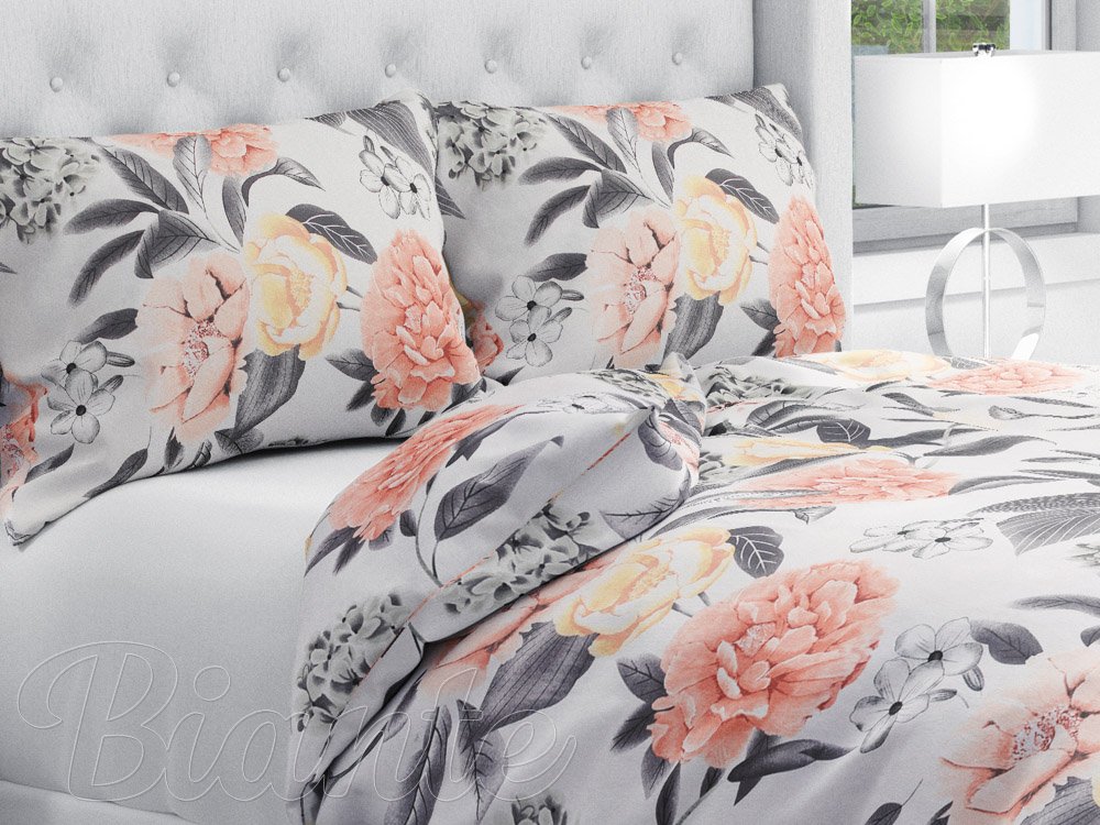 Bavlnené posteľné obliečky Sandra SA-412 Veľké ružovo-sivé kvety na bielom - Biante.sk
