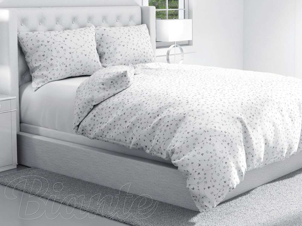 Bavlnené posteľné obliečky Sandra SA-049 Drobné sivé kvietky a motýliky na bielom - detail 1 - Biante.sk