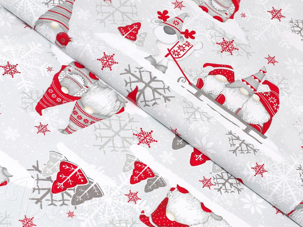 Vianočná bavlnená látka/plátno Sandra SA-133 Červení skriatkovia na svetlo sivom - šírka 160 cm - Biante.sk