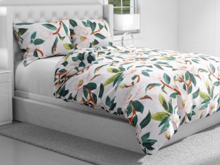 Bavlnené posteľné obliečky Sandra SA-293 Magnólia so zelenými listami na bielom - detail 1 - Biante.sk