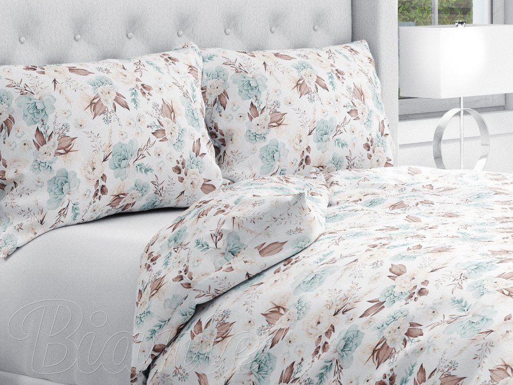 Bavlnené posteľné obliečky Sandra SA-451 Žlto-hnedo-mintové ruže na bielom - Biante.sk