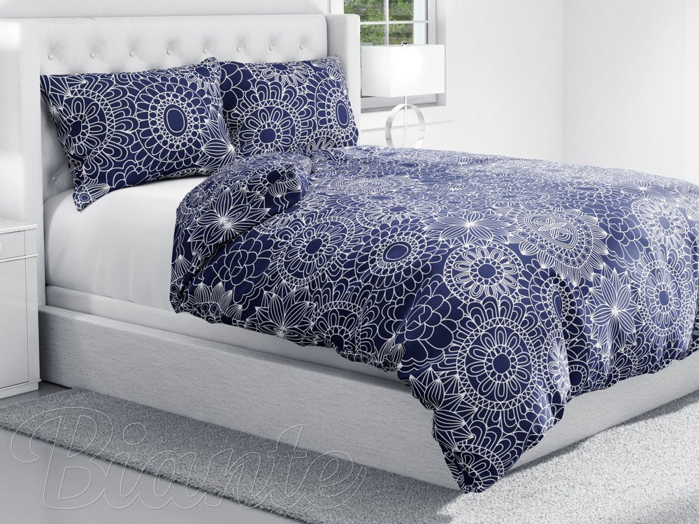 Bavlnené posteľné obliečky Sandra SA-273 Biele mandaly na tmavo modrom - detail 1 - Biante.sk