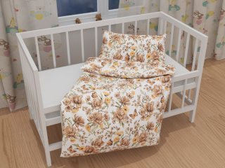 Detské bavlnené posteľné obliečky do postieľky Sandra SA-458 Hnedé kvety magnólie s motýlikmi na bielom - detail 1 - Biante.sk