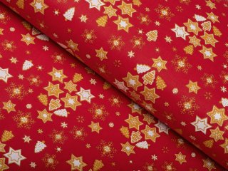 Vianočná bavlnená látka/plátno Sandra SA-408 Hviezdičky a stromčeky na červenom - šírka 160 cm - Biante.sk