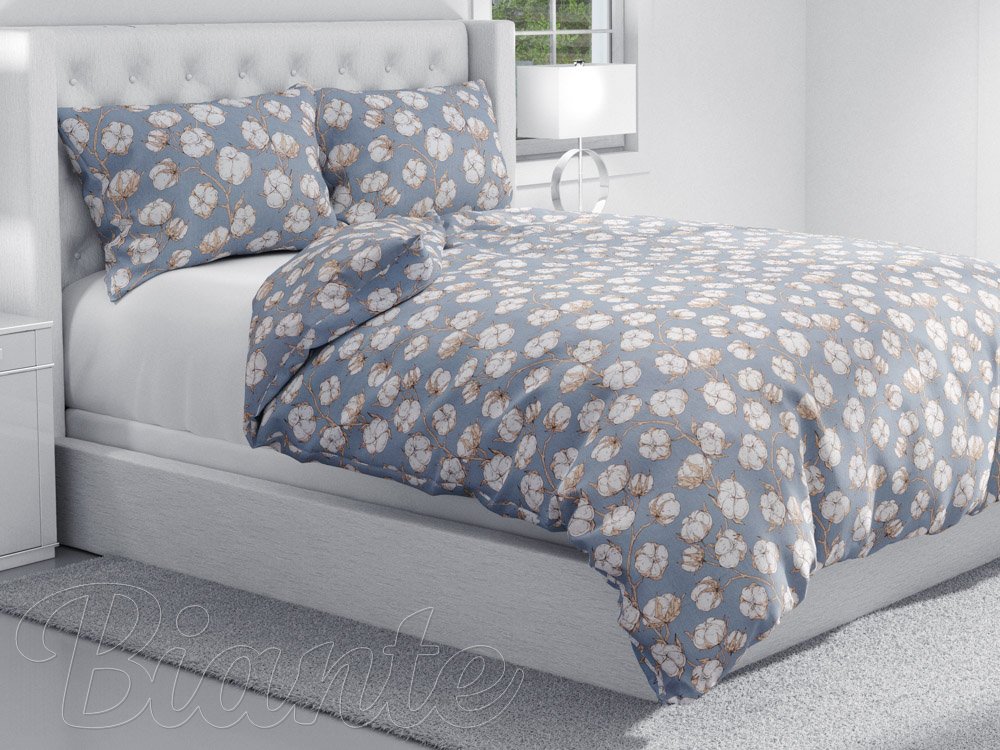 Bavlnené posteľné obliečky Sandra SA-234 Kvety bavlníka na modrosivom - detail 1 - Biante.sk