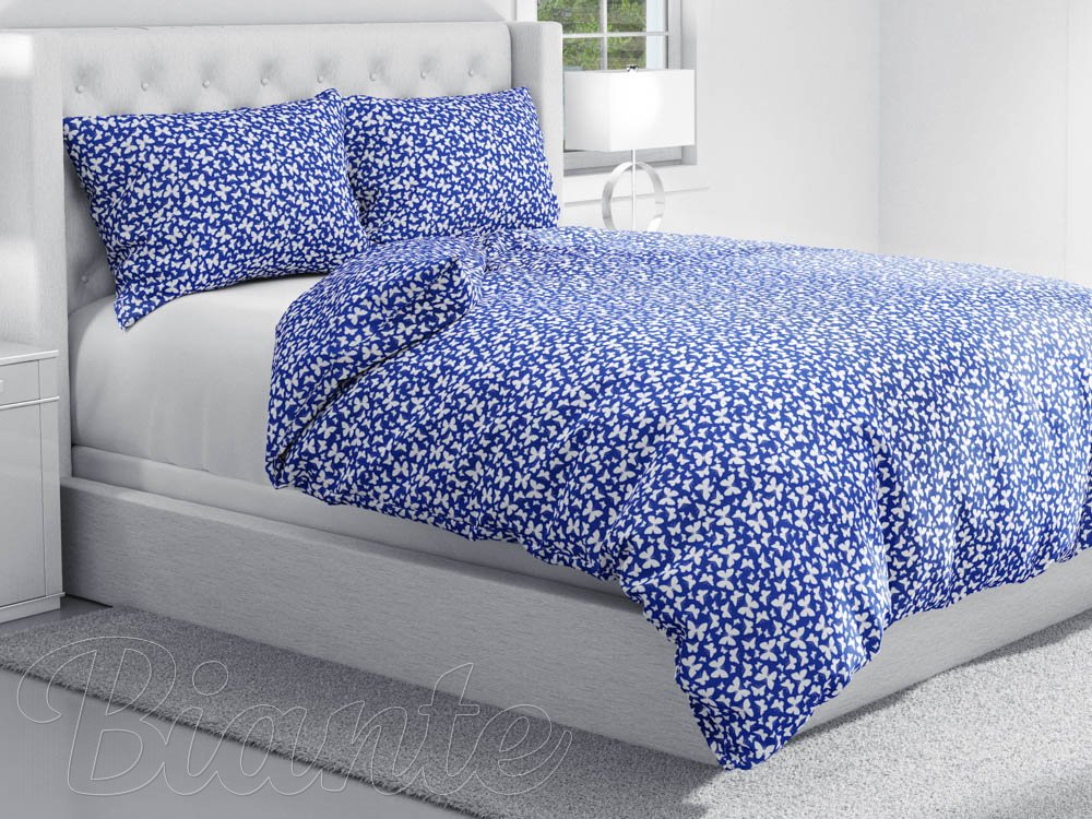 Bavlnené posteľné obliečky Sandra SA-376 Biele motýliky na modrom - detail 1 - Biante.sk