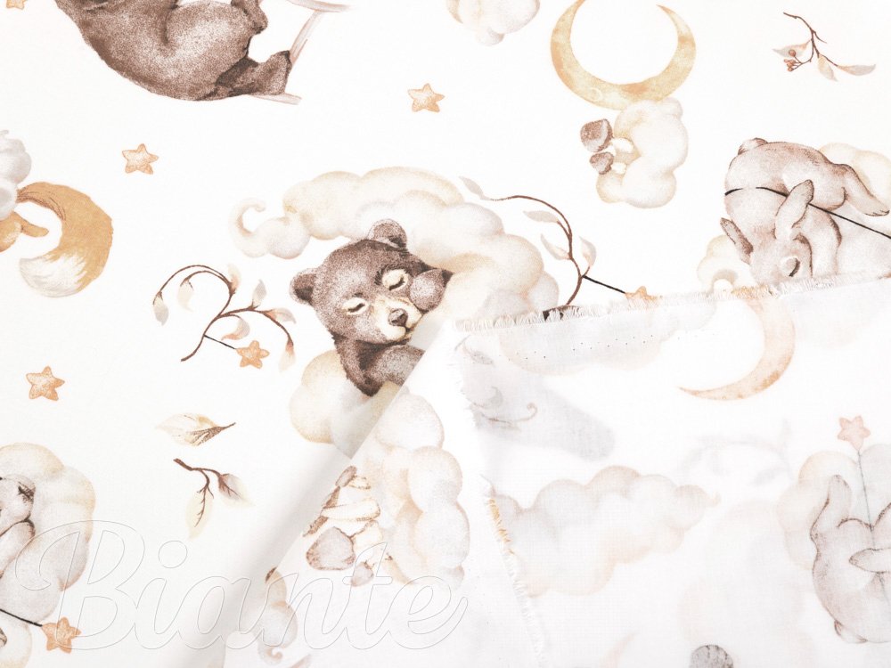 Detská bavlnená látka/plátno Sandra SA-456 Medvedíkovia zajačikovia a veveričky v oblakoch na bielom - šírka 160 cm - detail 4 - Biante.sk